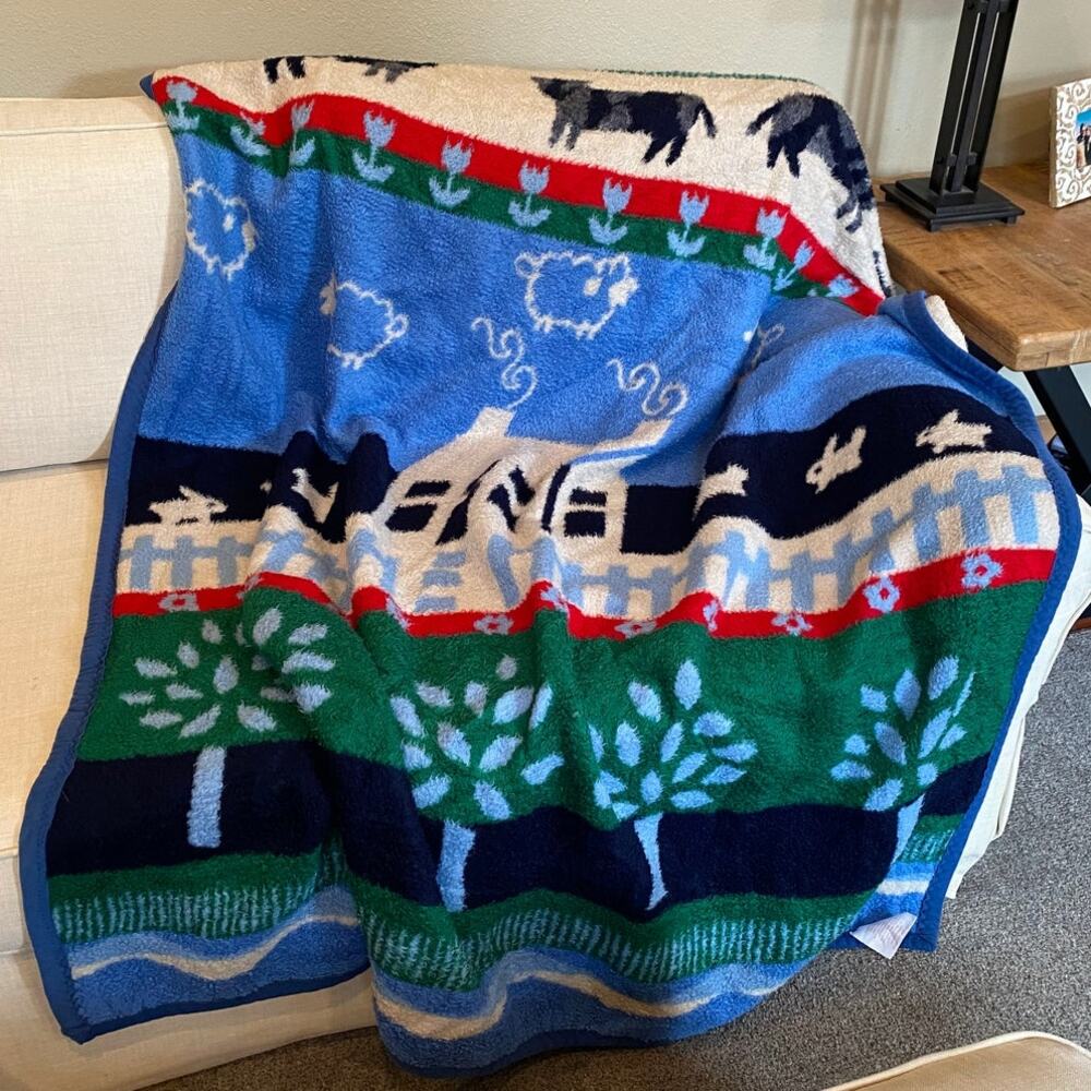 Vtg 80s Dinarsu Crown Crafts Acrylic Home Sweet Home Blanket  80” X 60” Cows